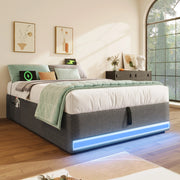 Letto imbottito 90x200 cm con USB; LED e contenitori laterali in lino grigio
