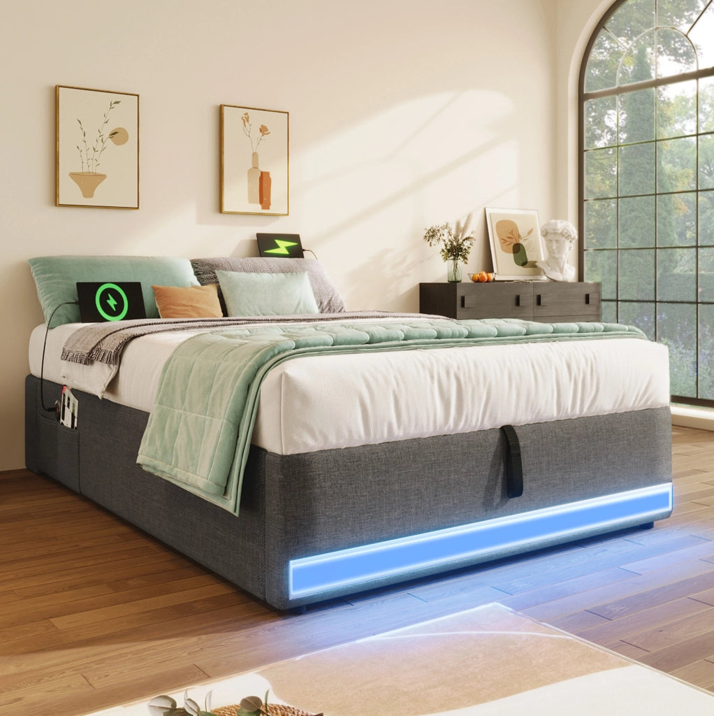 Letto imbottito 90x200 cm con USB; LED e contenitori laterali in lino grigio