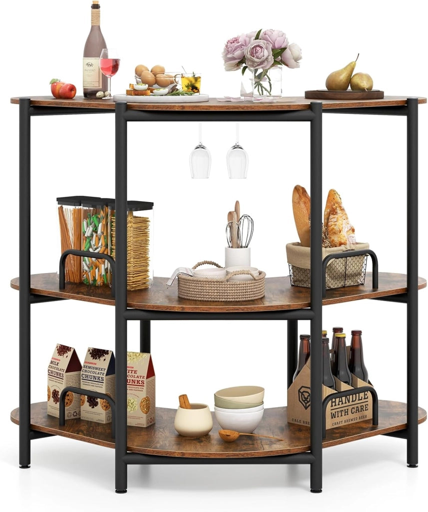 Unità Bar per Liquori, Tavolo Bar Angolare a 3 Ripiani con Portabicchieri da Vino, Altezza Corretta, Paracolpi Metallico Elevato, Scaffale per Vino per Cucina, Sala da Pranzo, Pub (marrone)