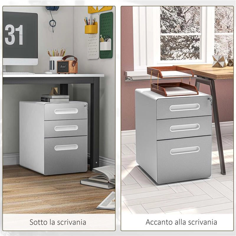 CASSETTIERA PER UFFICIO A 3 CASSETTI CON SERRATURA, RUOTE, PORTADOCUMENTI FORMATO A4, LEGALE E LETTERA, GRIGIO CHIARO
