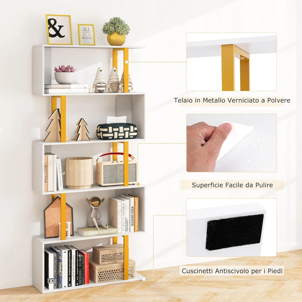 Libreria a 5 Livelli in Legno, Scaffale con Struttura in Metallo, Forma di S, Librerie Salvaspazio Divisorio per Soggiorno Ufficio e Studio, Carico 120kg (70 x 24 x 157 cm)
