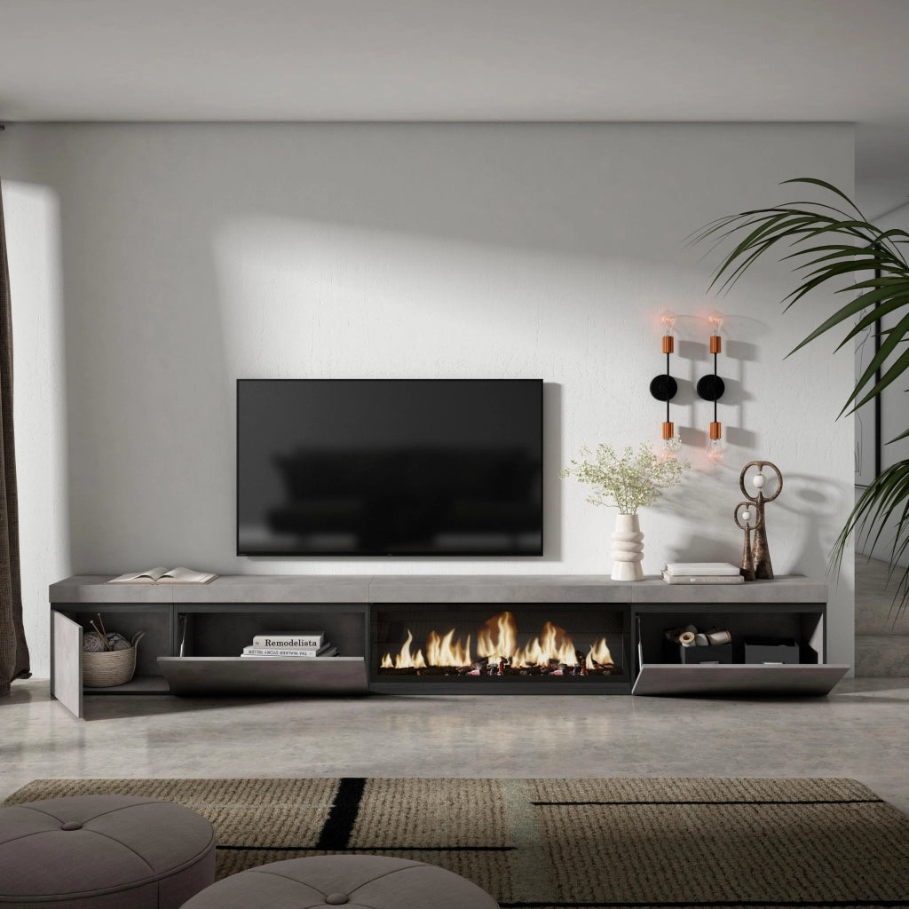 Mobile TV Soggiorno, 317x35x45cm, Camino elettrico XXL, grigio cemento RF3668