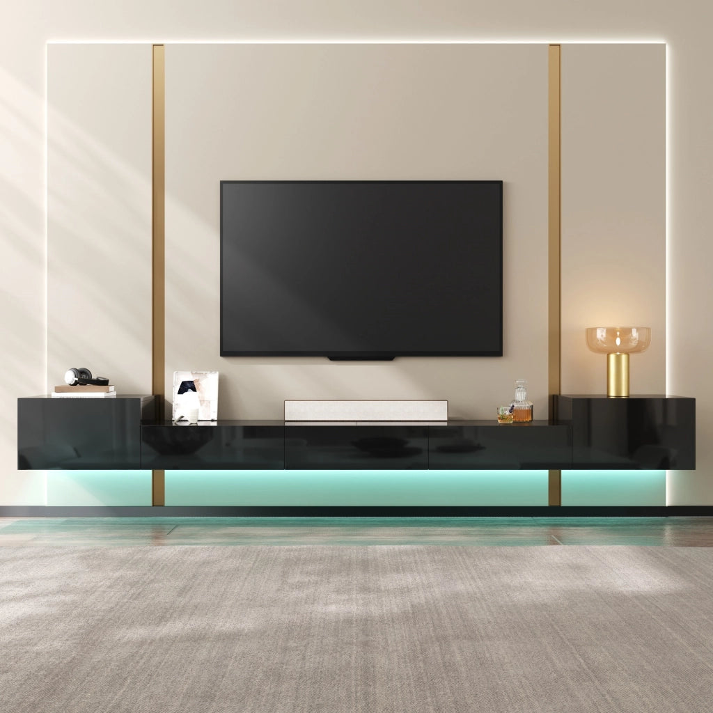 Mobile porta TV sospeso con 2 ante a battente, 3 ante a ribalta e LED app, per soggiorno, nero, 245 × 30 × 26 cm