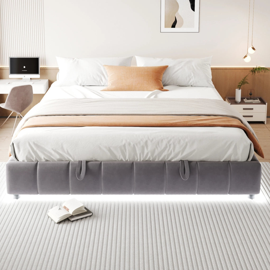 Letto imbottito grigio 180×200 cm con vano contenitore idraulico e luce LED