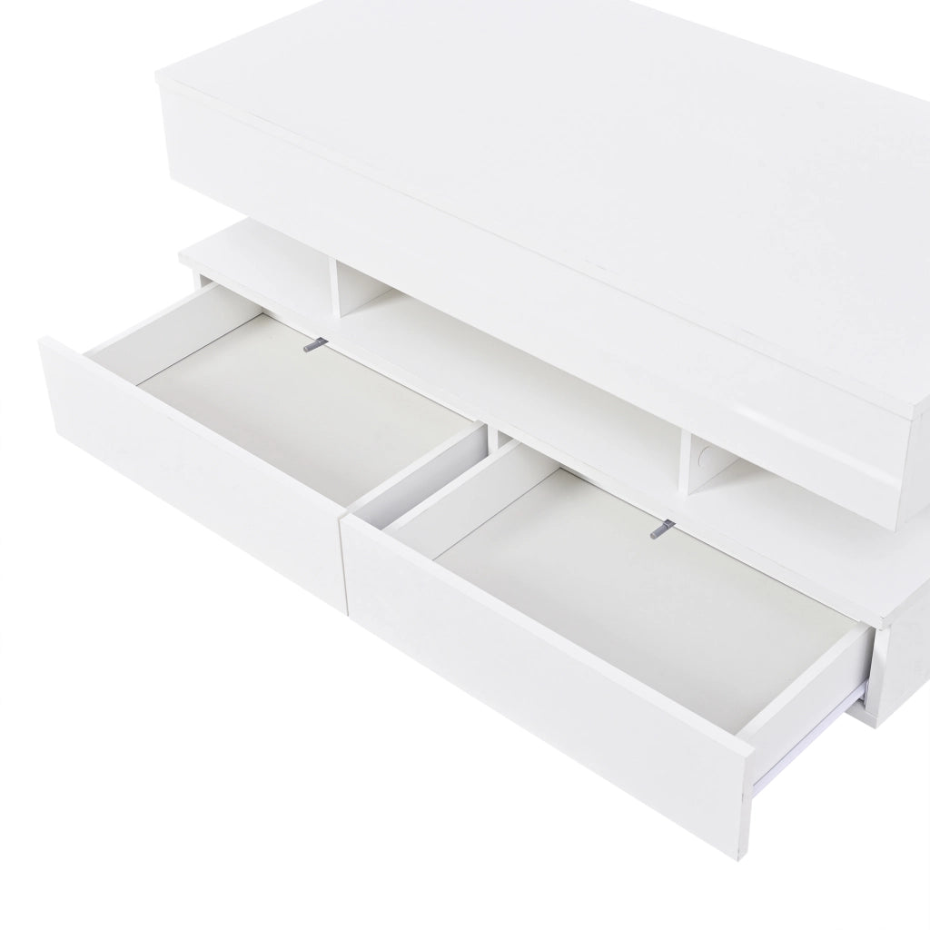 Tavolino lucido, piano regolabile in altezza, illuminazione a LED, 2 cassetti, 100 x 50 x 45 cm, bianco
