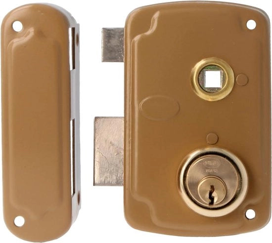 Slot per serrature a molla con maniglia in legno per porte in legno - Mod. 75UN - 76 x 120 mm - cilindro di sicurezza - maniglia in acciaio dorato