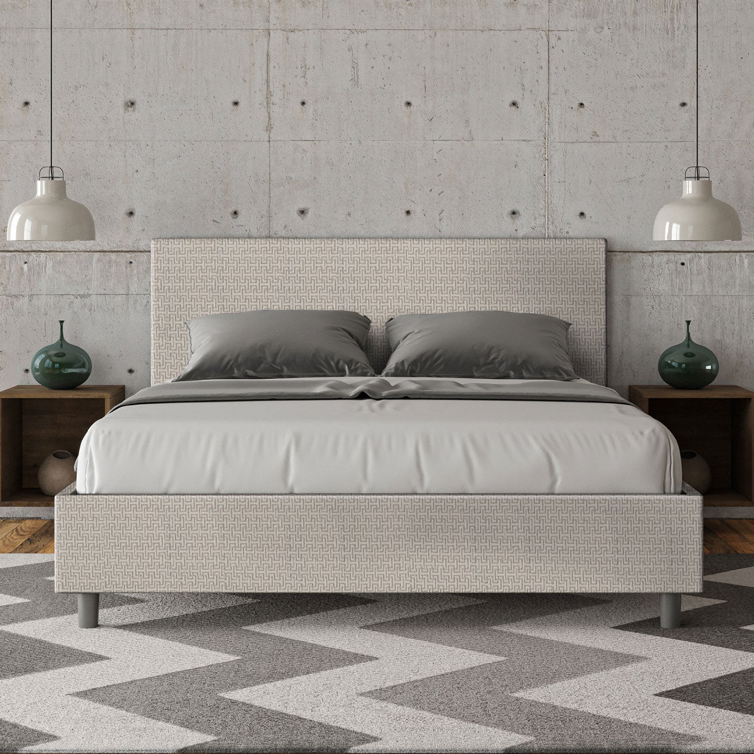 Letto Matrimoniale 160x210 cm con Rete e Contenitore Giroletto con Alzata Comoda Imbottito in Tessuto Labirinto Adele