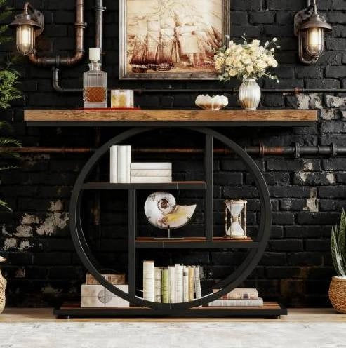 Tavolo consolle a 4 livelli in metallo e legno 105 x 30 x 80 cm nero e marrone rustico