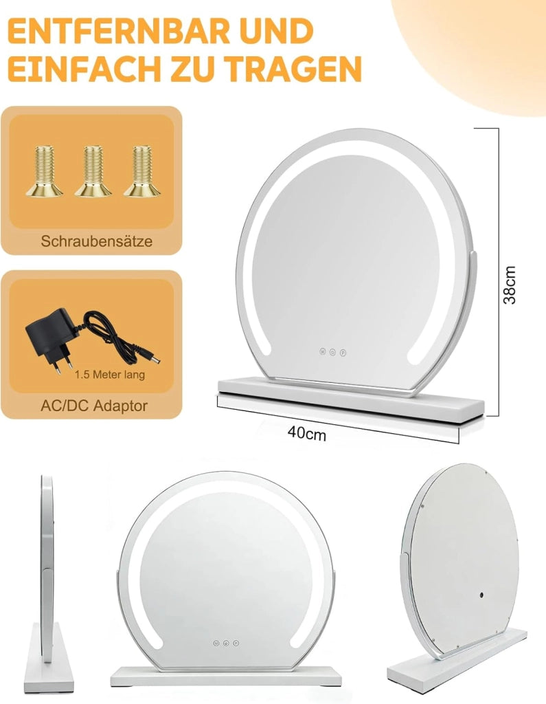 ZMH Specchio per il trucco illuminato rotondo specchio da toeletta LED 40x35cm 3 modalità di illuminazione regolabili