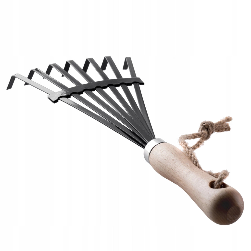 Rastrello da giardino in metallo KADAX, piccolo, 37 cm, con manico in legno a forma di ventaglio.