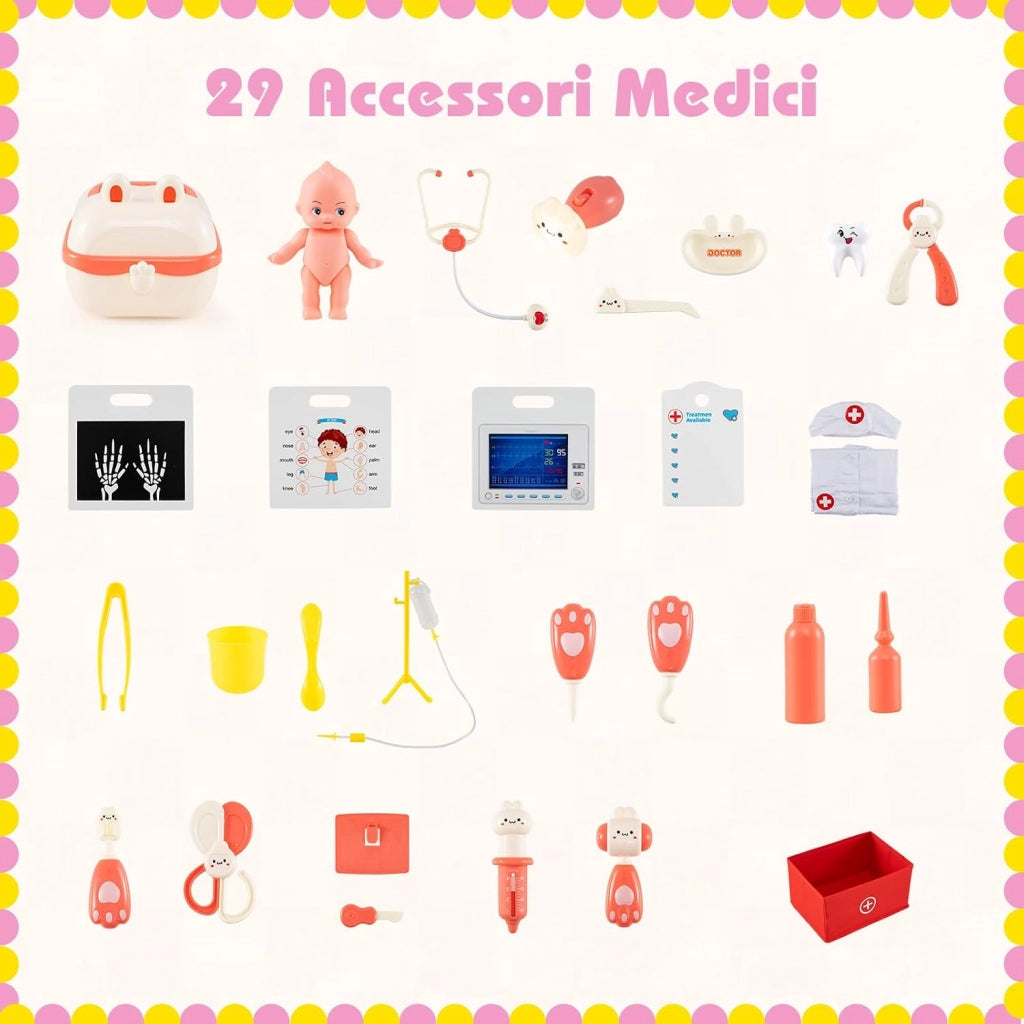 Set Gioco Dottore per Bambini, Gioco di Ruolo Medico in Legno con Stetoscopio, Radiografie, Monitor ECG, Tabella Oculistica e 29 Accessori, Medico Giocattolo per Bambini 3+ Anni (Rosa)