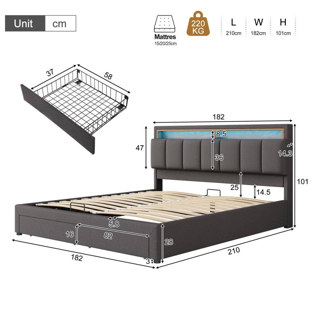 Letto imbottito matrimoniale 180x200 cm con LED; contenitore sotto letto; in lino grigio scuro