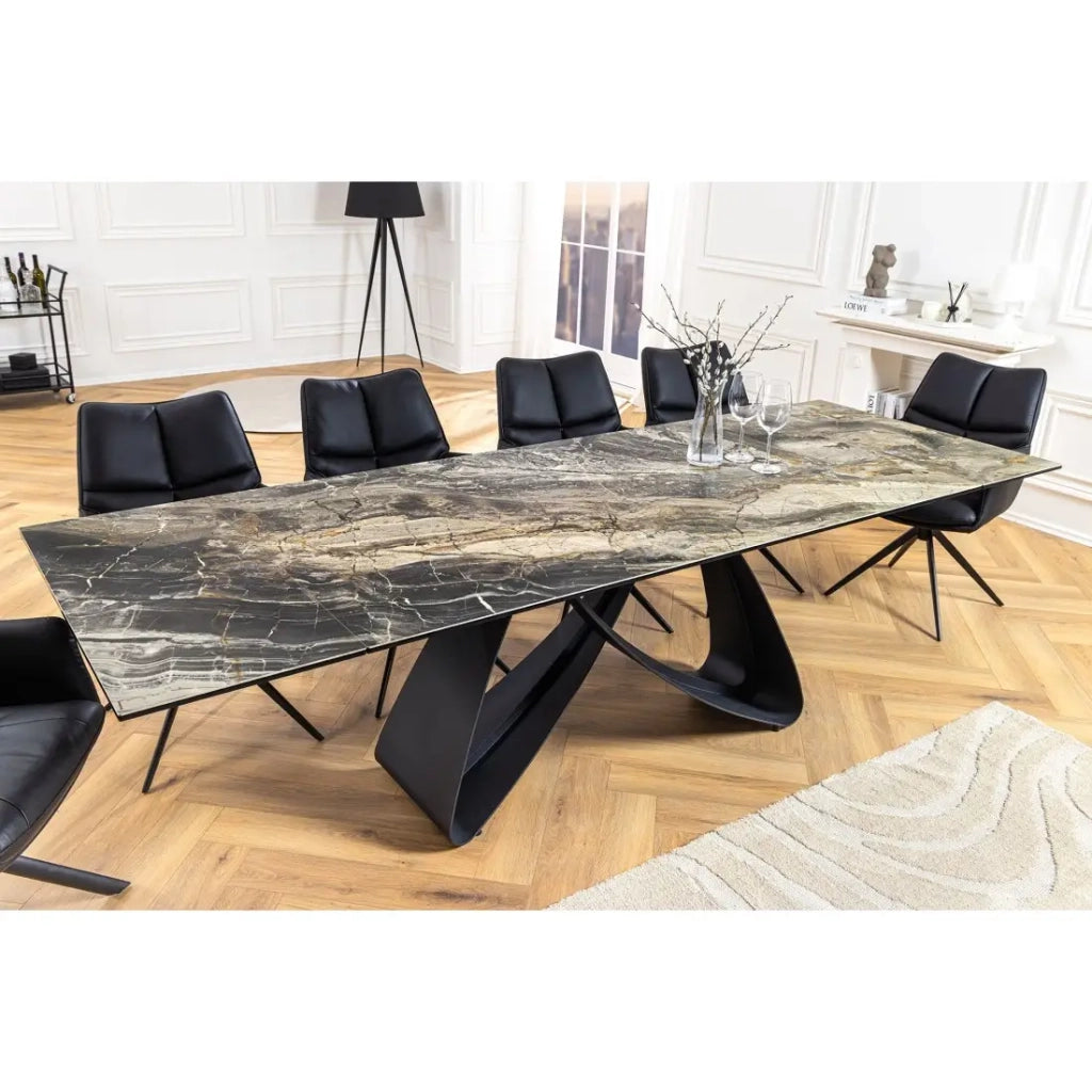 Tavolo da pranzo ZAREL – Estensibile da 180 a 260 cm – Ceramica e vetro temperato – Effetto marmo grigio talpa