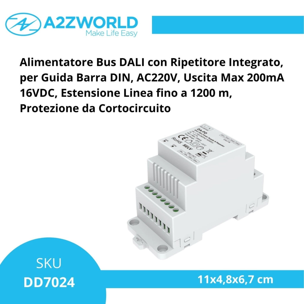 Alimentatore Bus DALI con Ripetitore Integrato, per Guida Barra DIN, AC220V, Uscita Max 200mA 16VDC, Estensione Linea fino a 1200 m, Protezione da Cortocircuito
