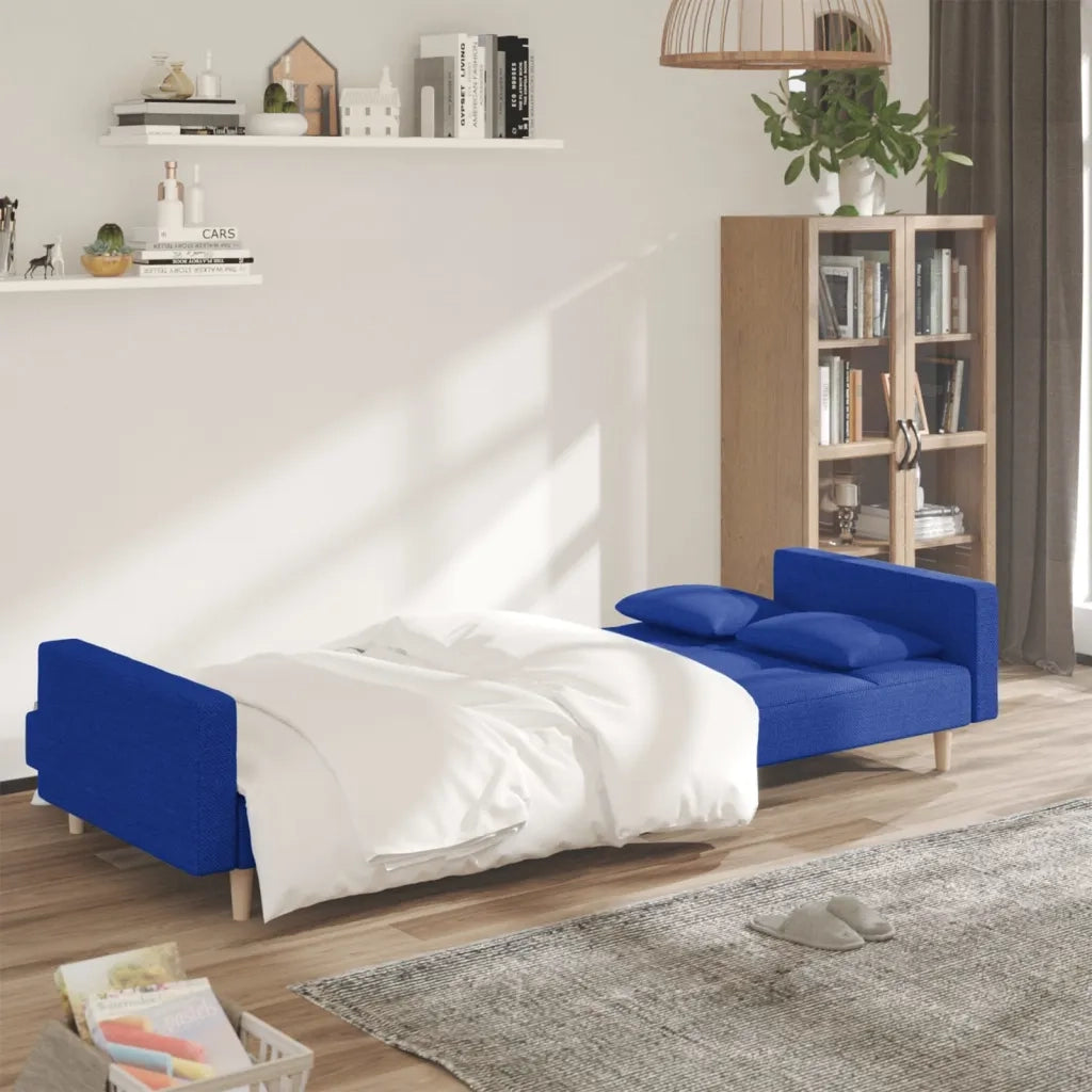 Divano Letto a 2 Posti con 2 Cuscini Blu in Tessuto 375803