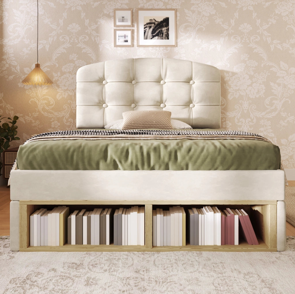 Letto singolo 90x200 cm con testiera regolabile; cassetti e vani; velluto beige