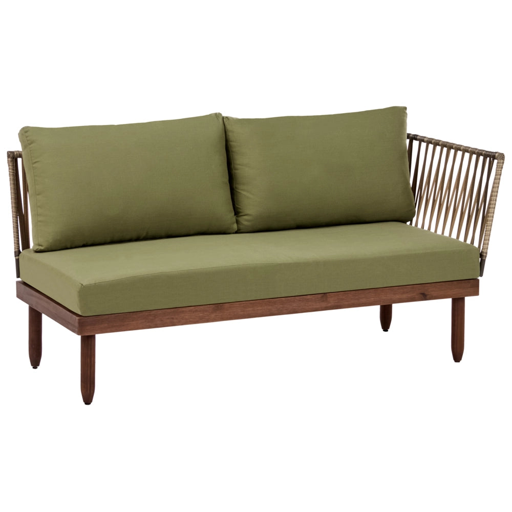 Set Lounge da Giardino 4 Posti ad Angolo Destro con Tavolino Poltrona in Finto Rattan Struttura in Legno di Acacia e Cuscini Verdi