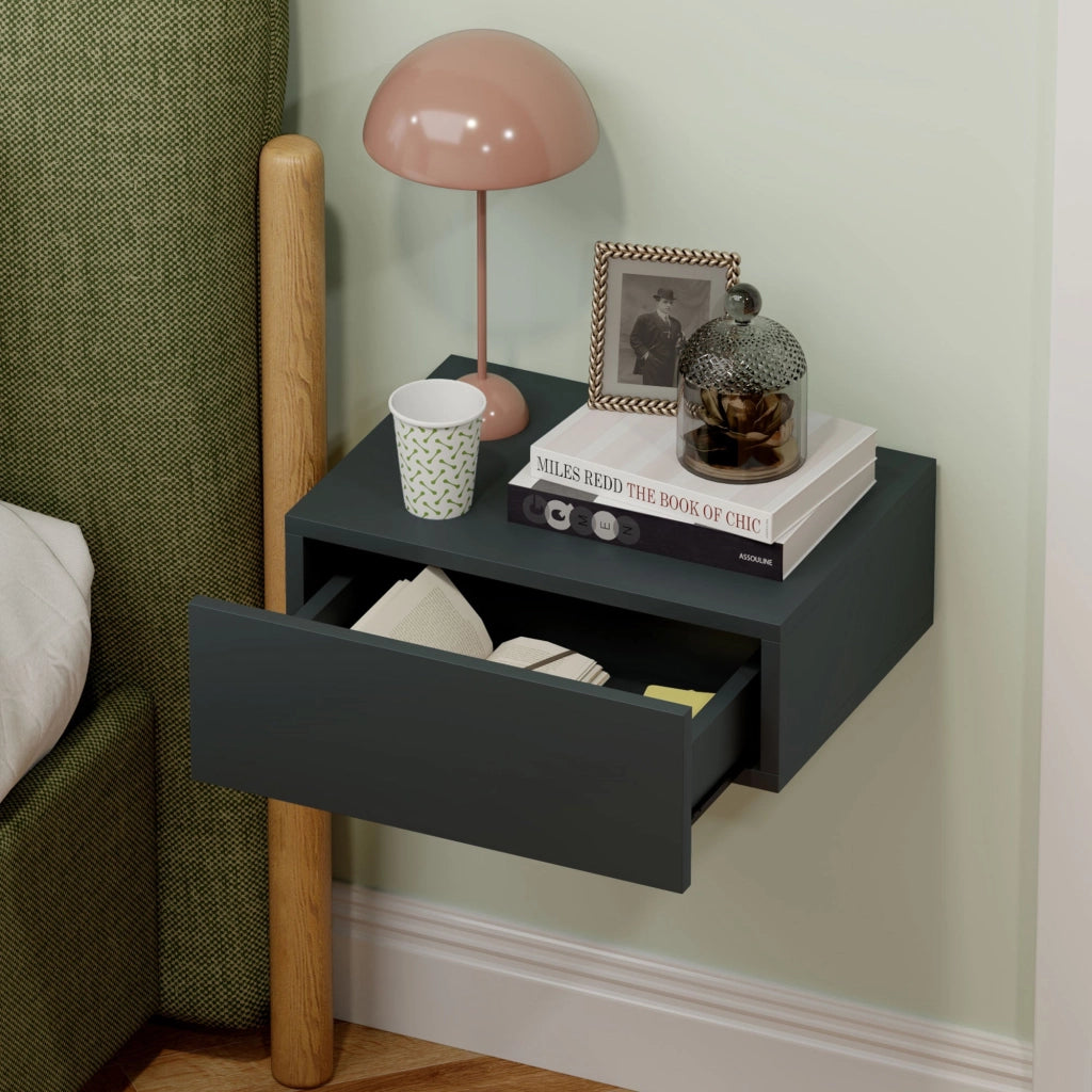 Comodino Sospeso Moderno 40x30x15 cm con Cassetto in Legno Nero