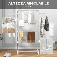 Stendino Verticale Pieghevole in Acciaio e Plastica con 6 Ruote e 4 Ripiani Regolabili, 142x55x172 cm