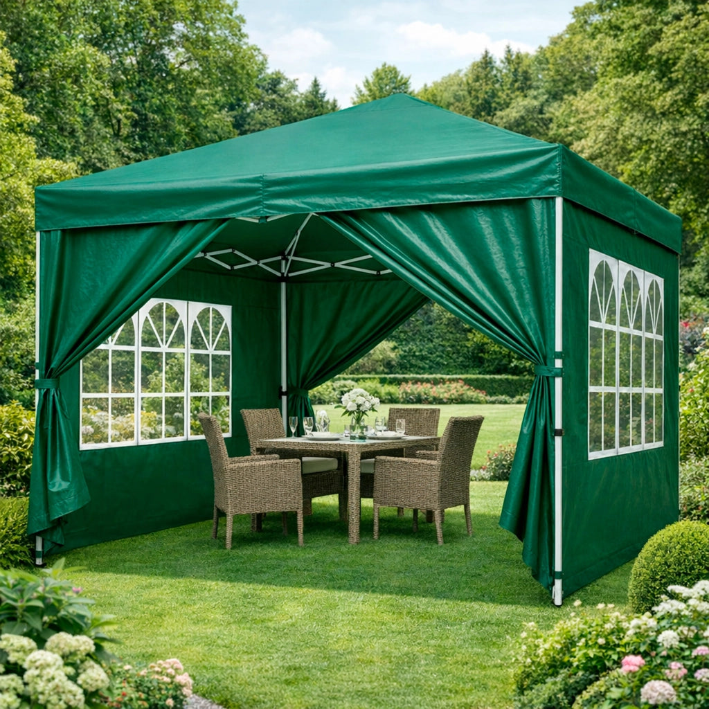 Gazebo Pieghevole Per Giardino Con Teli Laterali Finestre Trasparenti Chiusura Pop Up Copertura Impermeabile UV50+ Telaio In Acciaio Per Eventi Outdoor 3 x 3 x 2.59 m Verde