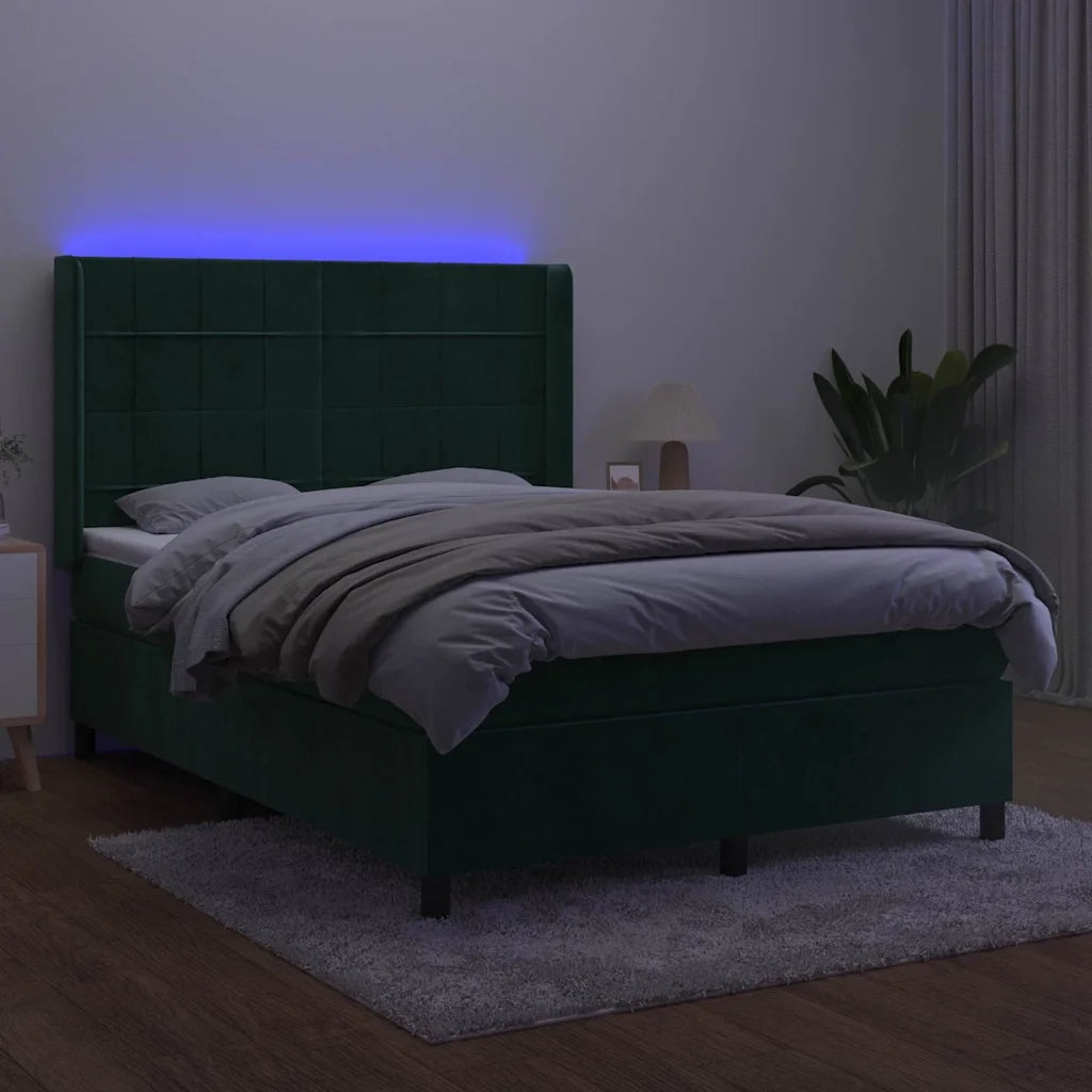 Letto a Molle con Materasso e LED Verde Scuro 140x200cm Velluto 3139568