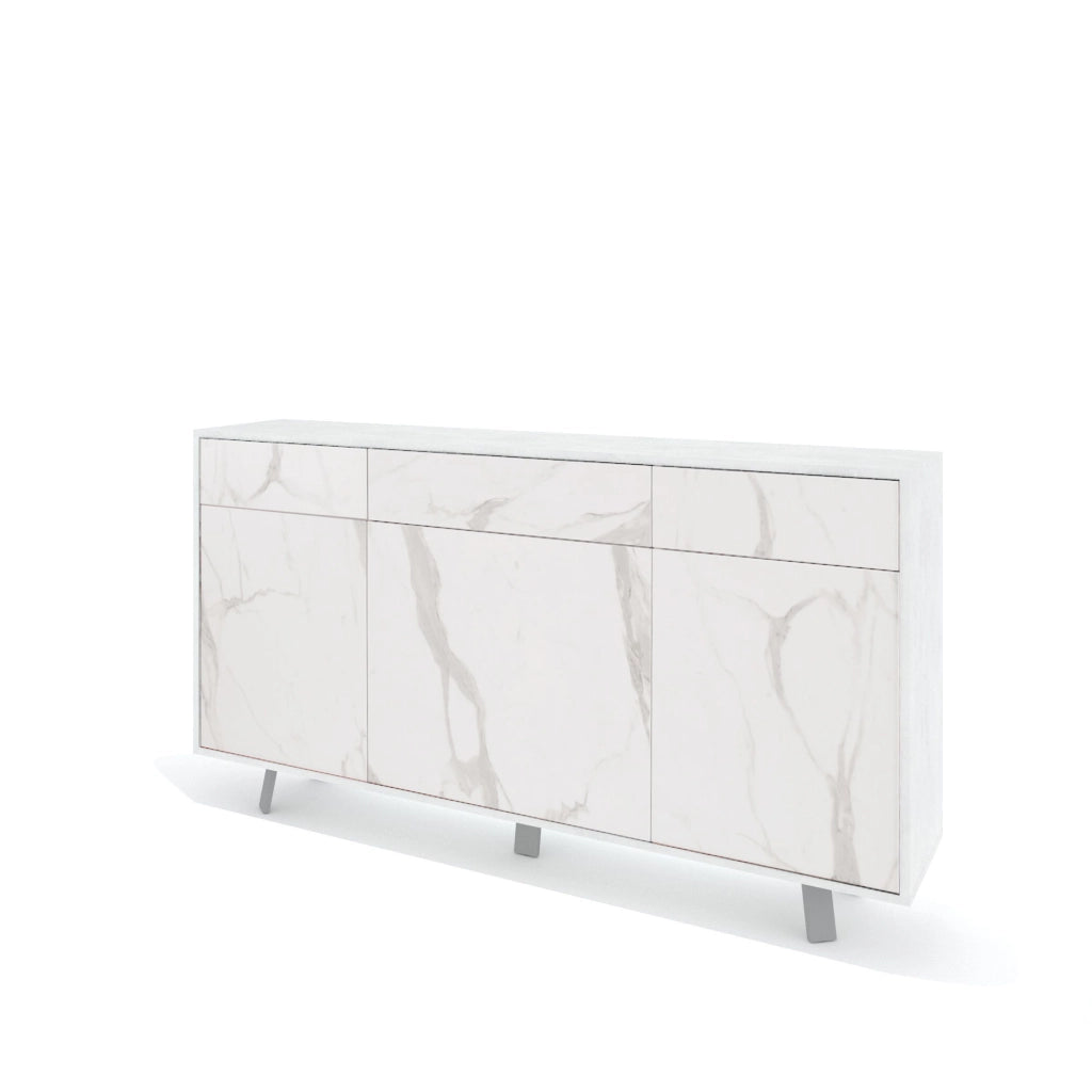 Credenza 3 ante/3 cassetti VELBRUK bianco pietra/marmo calacatta
