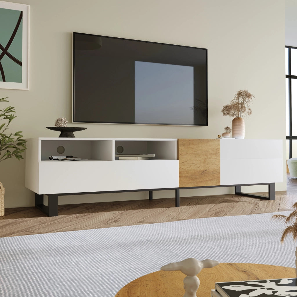 Cassettiera TV bianca e legno; in MDF; lunghezza 180 cm