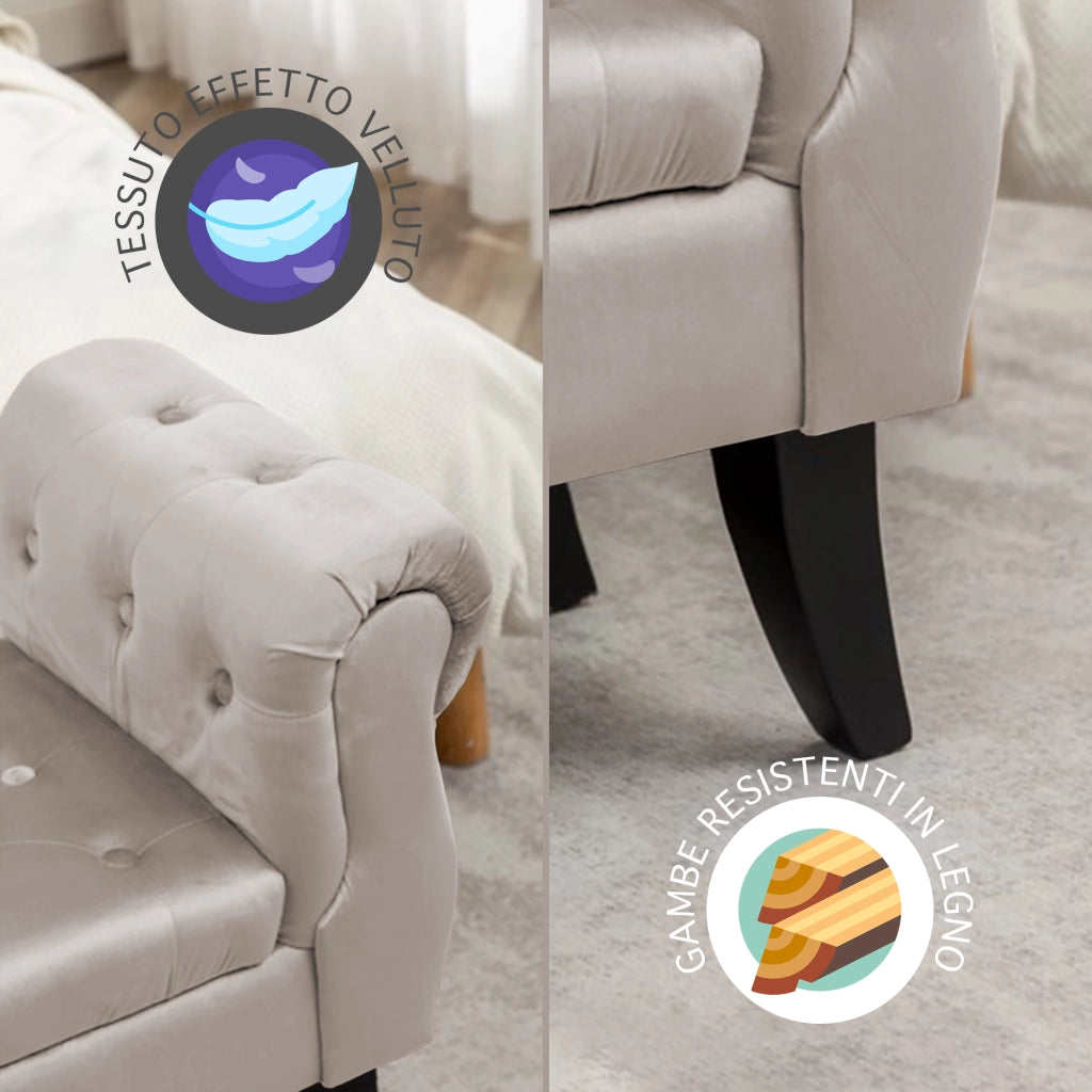 Divanetto In Velluto Panca Contenitore Pouf PortaOggetti Panca Sgabello A Pie Di Letto Cassapanca Ingresso Legno Massello Panchina - Tortora