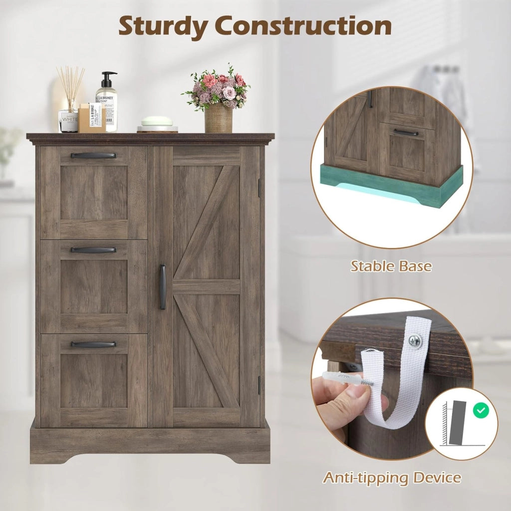 Mobiletto da Pavimento in Legno, Organizzatore per Conservazione Rustico con Porta da Fienile e 3 Cassetti, Buffet Laterale Autonomo per Cucina, Soggiorno, Sala da Pranzo (Grigio)