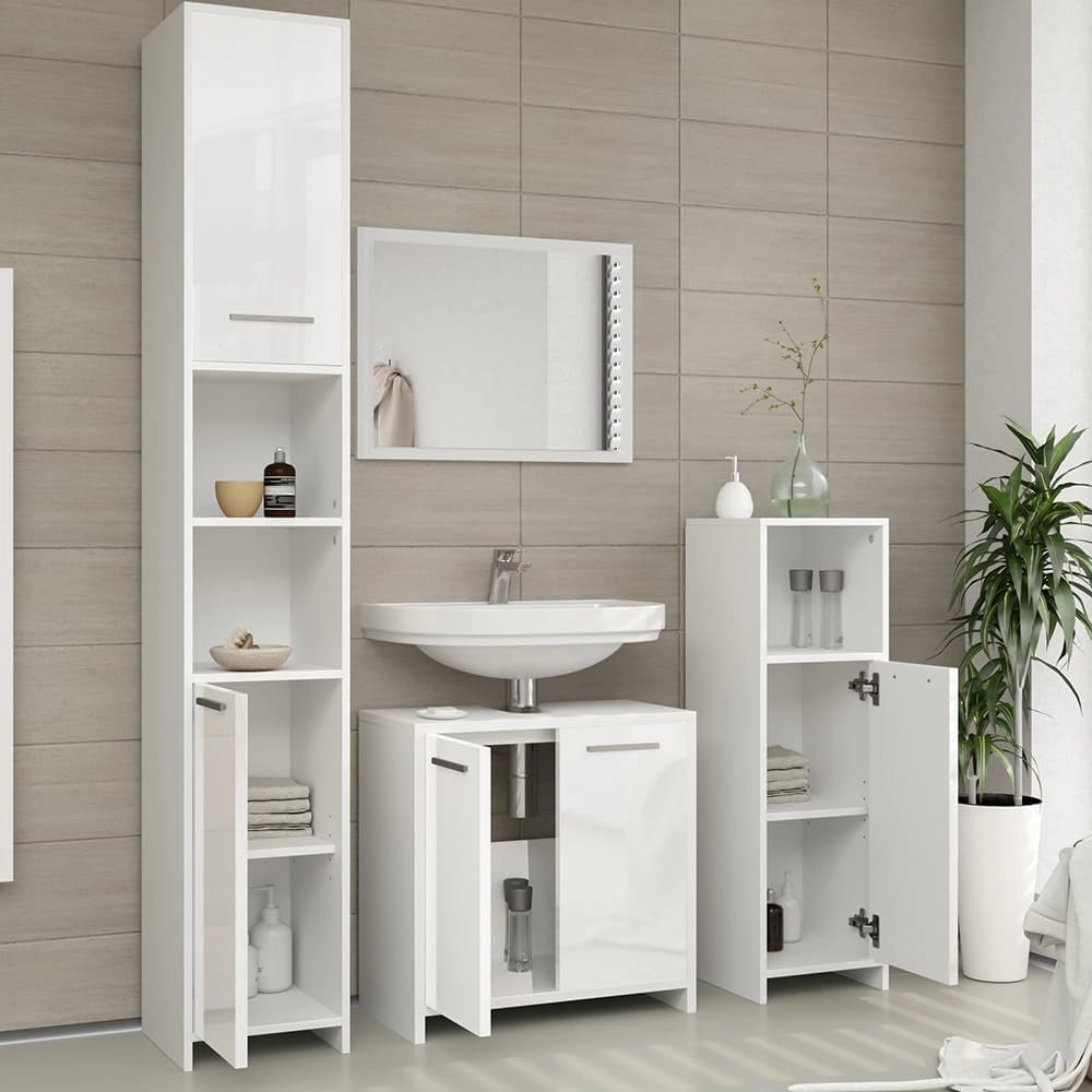 Mobiletto bagno Kiko, Bianco lucido/bianco, 30 x 95 cm, combinabile con la serie Kiko per la conservazione in bagno
