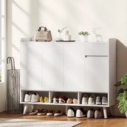 Scarpiera MDF bianca 120×35×100 cm, ante push‑open, ripiani regolabili, cassetto, kit antiribaltamento per ingresso