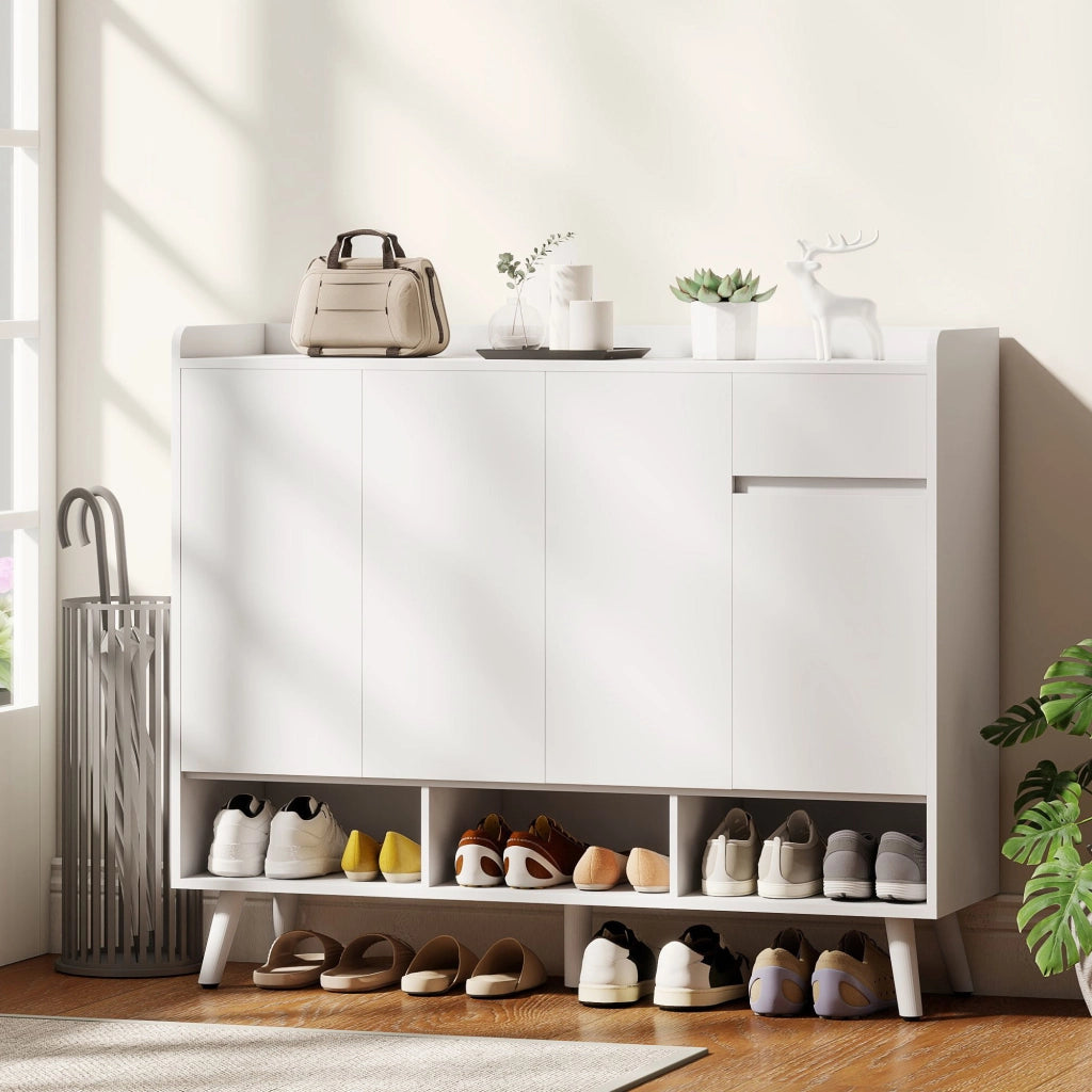 Scarpiera MDF bianca 120×35×100 cm, ante push‑open, ripiani regolabili, cassetto, kit antiribaltamento per ingresso