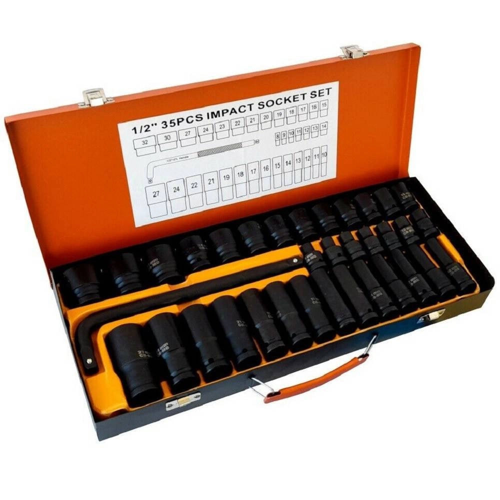 Trade Shop - Set 35 Bussole Boccole 1/2" Esagonali A Impatto Pistola Avvitatore Da 8 A 32mm -