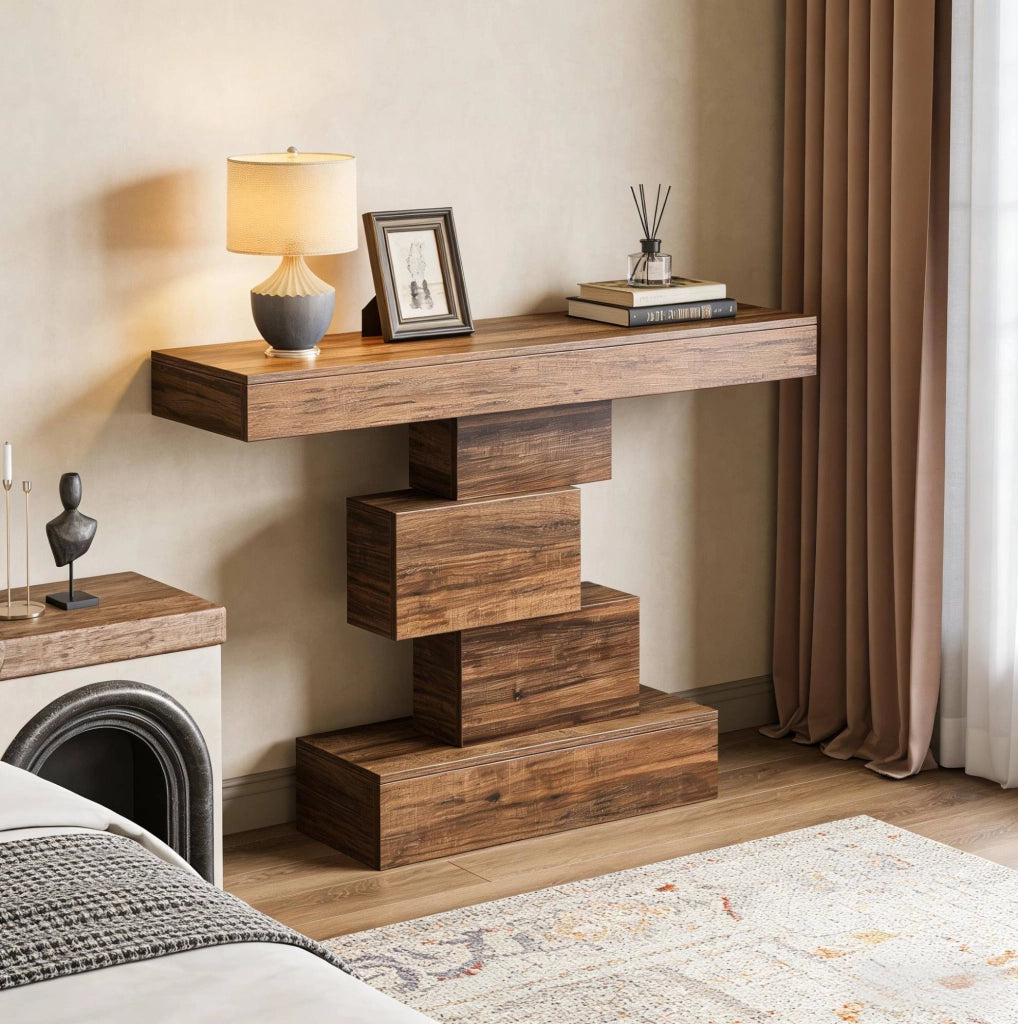 Tavolo consolle marrone scuro 108x30x80 cm con base geometrica