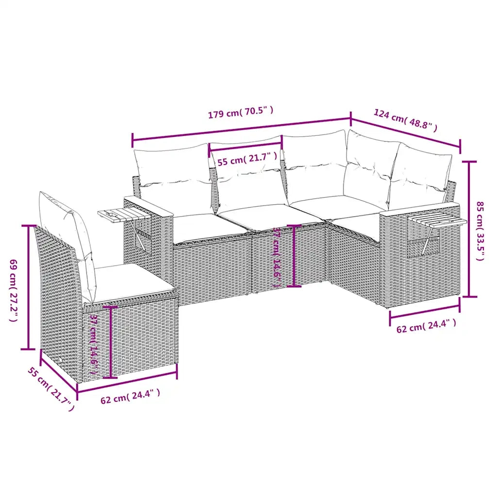 Set Divani da Giardino 5 pz con Cuscini Grigio in Polyrattan
