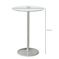 Tavolo Alto da Bar Moderno Rotondo con Base in Acciaio e Piano in Vetro, Ø70x102cm, Trasparente