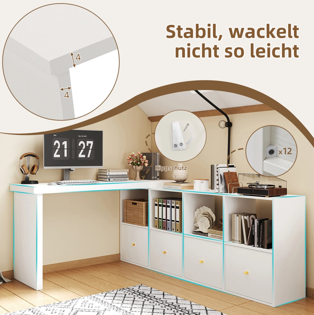 Scrivania girevole 360° a L con 4 vani e 4 cassetti; MDF; bianco