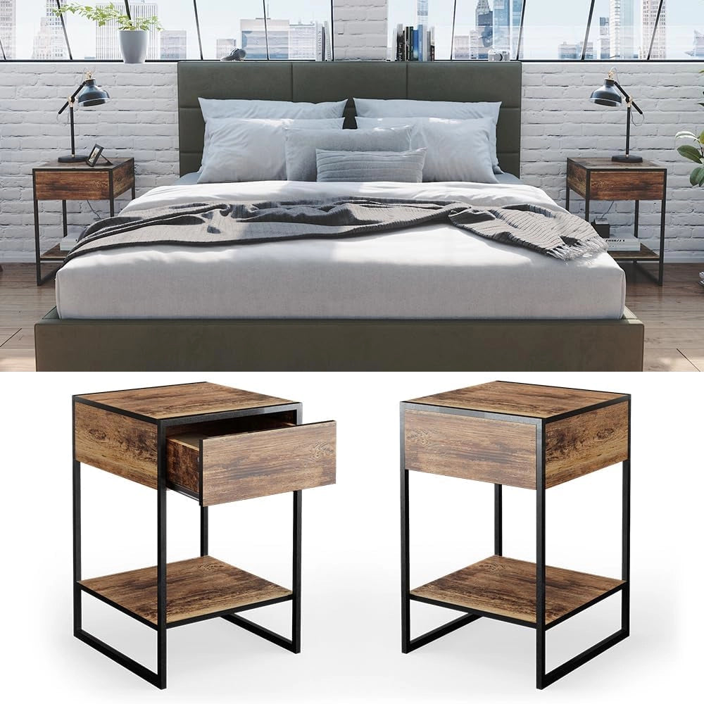 Comodini camera da letto Fyrk, Legno antico, Set di 2, per riporre oggetti di uso quotidiano accanto al letto