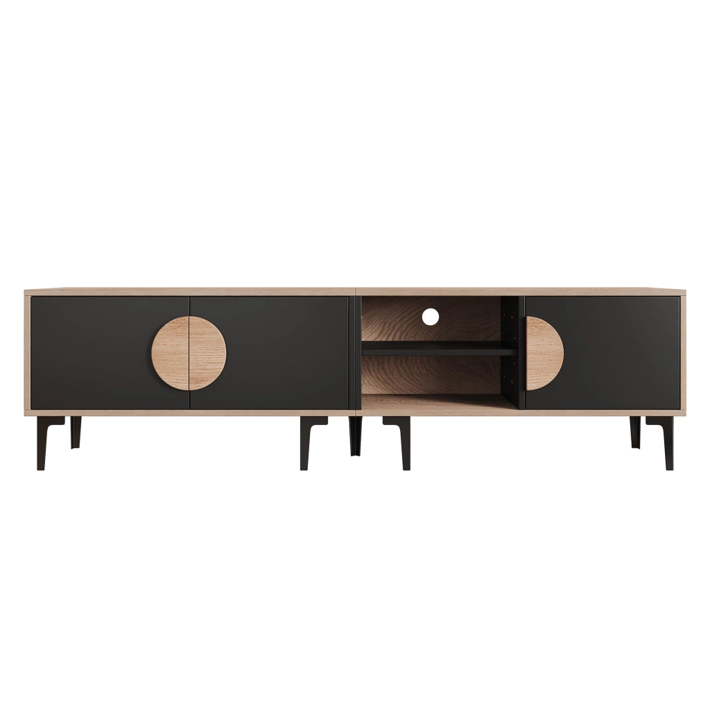 Mobile TV basso - Zephmum- 180x35x49cm, 2 ante, scaffali aperti, colore legno e nero, adatto per TV 80 pollici