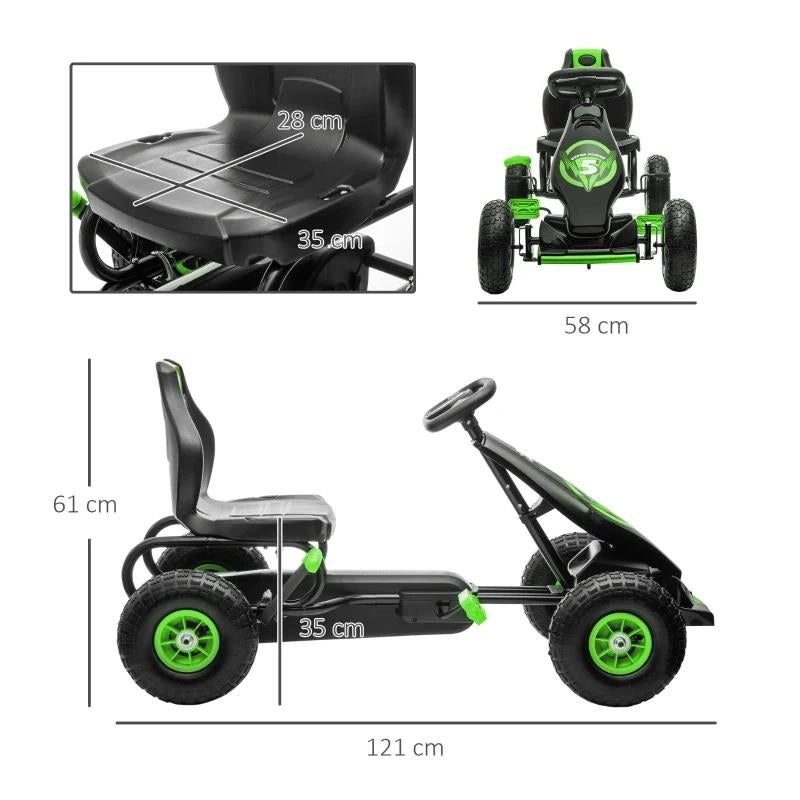 GO KART A PEDALI PER BAMBINI 5-12 ANNI CON SEDILE REGOLABILE, IN METALLO E PP 121X58X61 CM, VERDE E NERO