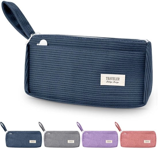 Etui Estetico con 2 Cavi, Porta Penna con Grande Capacità, Materiale Mandrino, Lavabile per Scuola e Ufficio, Blu Nebbia, 21 × 5 × 9,5 cm