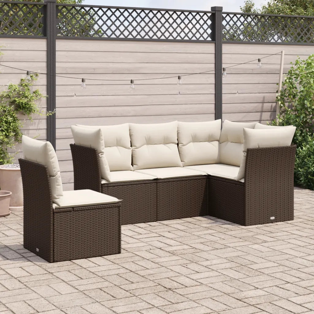 Set Divano da Giardino 5 pz | Set Salotto da Giardino con Cuscini Marrone in Polyrattan
