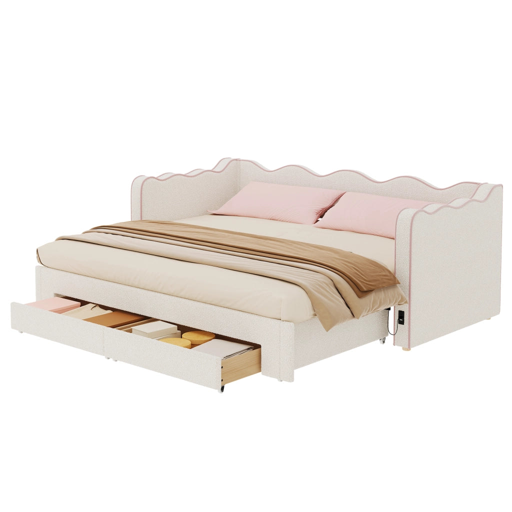 Letto daybed estraibile con cassetti, USB e Type-C, bouclé beige, 90x200 cm