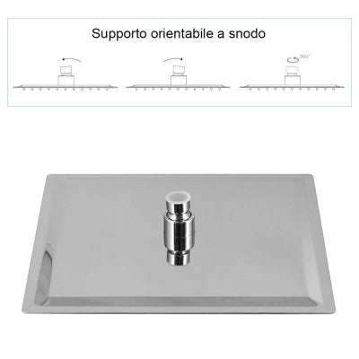 Set doccia quadrato cromo braccio 30 cm + soffione 20x20 cm acciaio inox