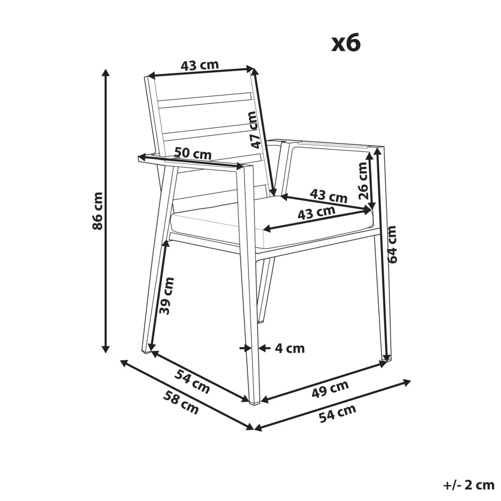 Set di 6 sedie da pranzo da giardino Struttura in alluminio bianco con cuscini di seduta grigi Schienale a doghe Design moderno