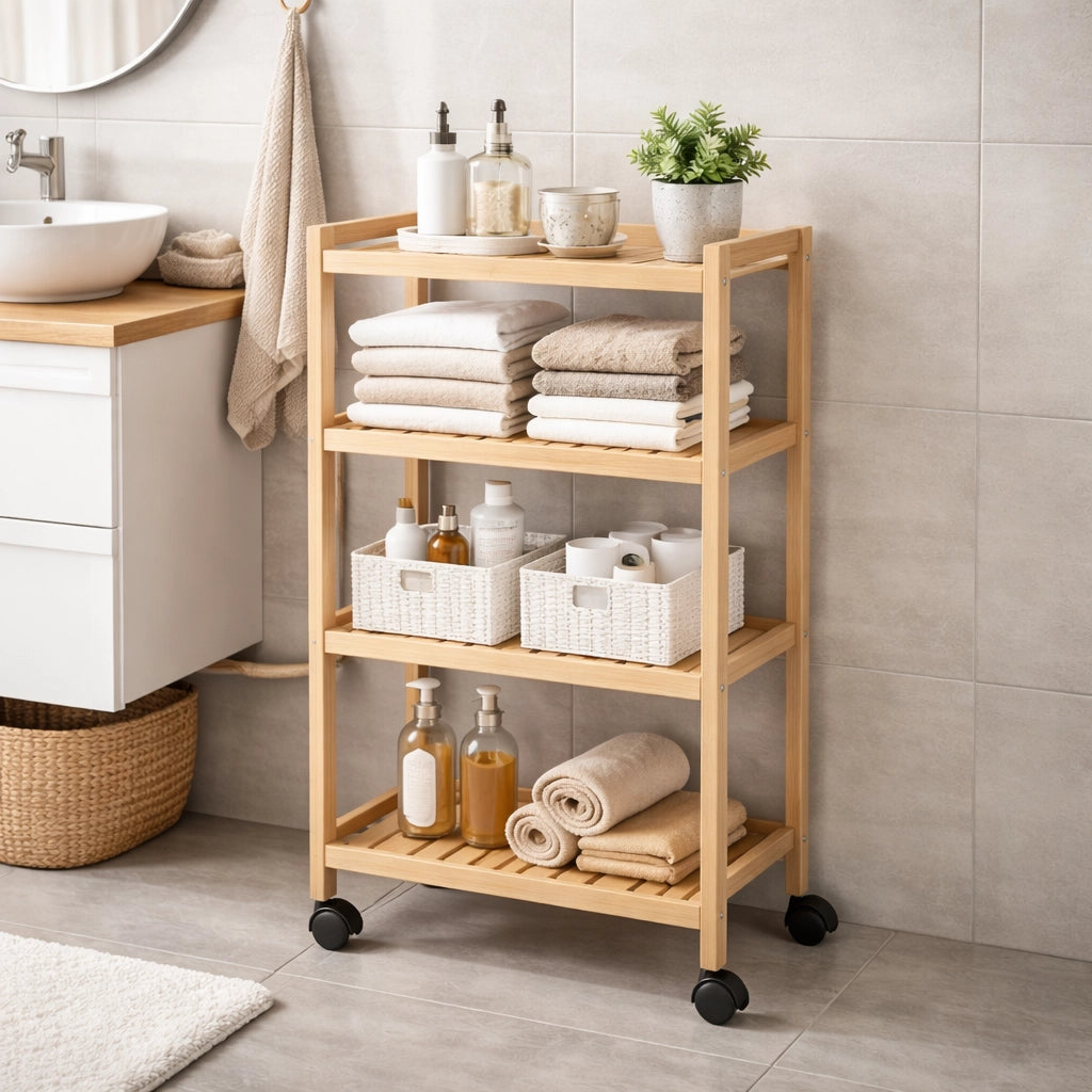 Carrello in Legno Bambù Slim 3 Ripiani con Ruote 45x22 h80 Cucina Bagno Ufficio