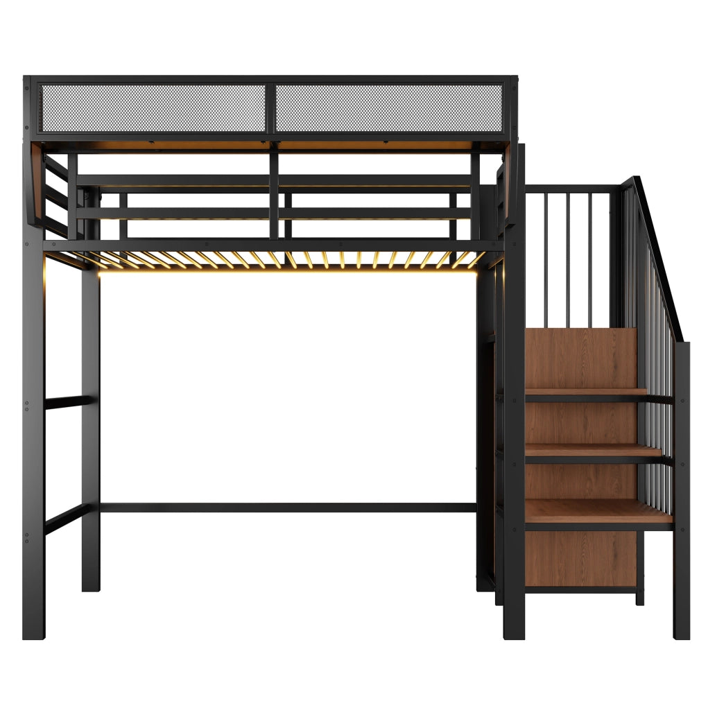 Letto a soppalco 90x200 cm in metallo e MDF; con scala di sicurezza; LED e ripiani; nero