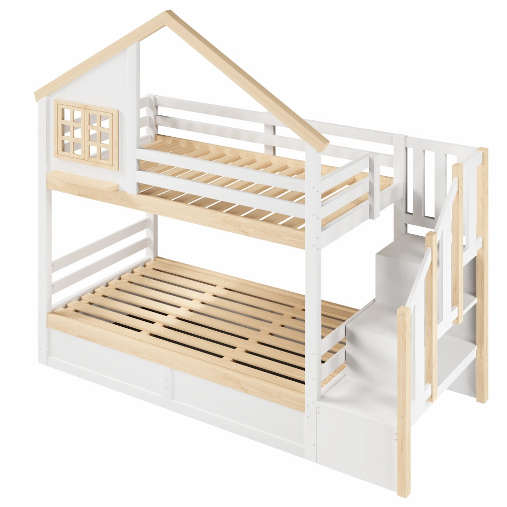 Letto a castello 90x200 cm in pino e MDF con vano contenitore idraulico, stile casa, bianco e naturale
