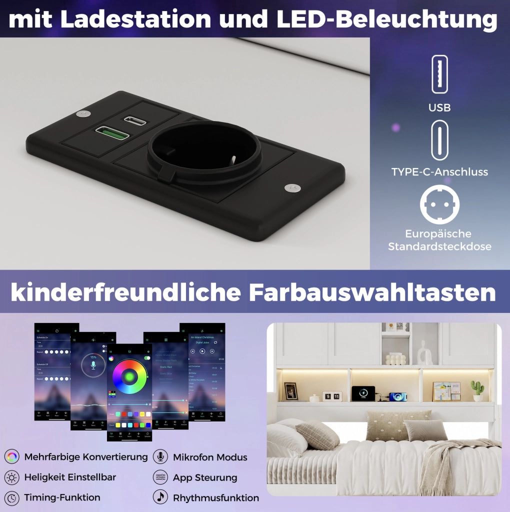 Letto singolo e matrimoniale 140x200 cm con LED; porte USB; cassetti e vani; bianco
