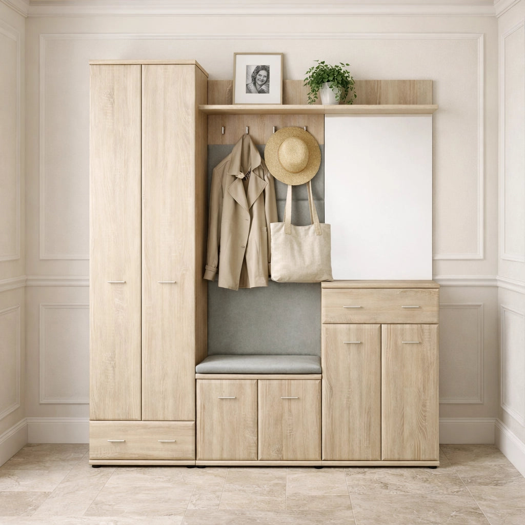 Mobile Ingresso Scarpiera Appendiabiti Imbottito Set Entrata Anta Specchio Vani Guardaroba Ganci Armadio Mobiletto Multifunzione Salvaspazio Corridoio Casa Design Moderno 180 x 32 x 203 Cm Rovere
